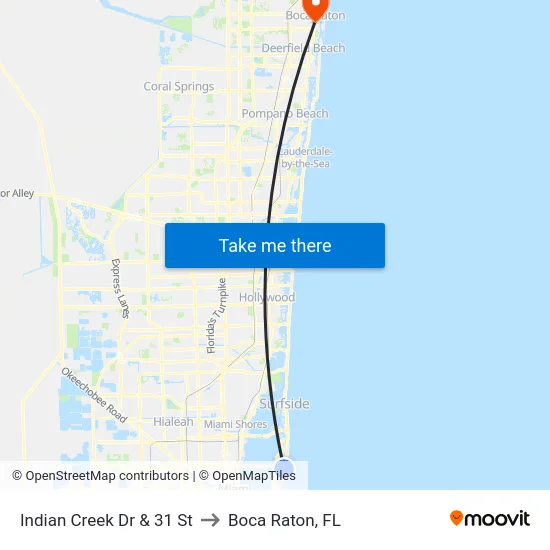 Indian Creek Dr & 31 St to Boca Raton, FL map