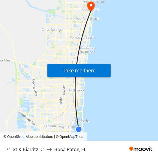 71 St & Biarritz Dr to Boca Raton, FL map