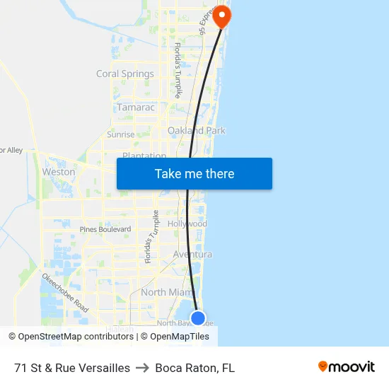 71 St & Rue Versailles to Boca Raton, FL map
