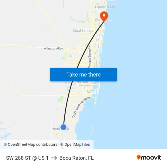 Sw 288 St @ Us 1 to Boca Raton, FL map