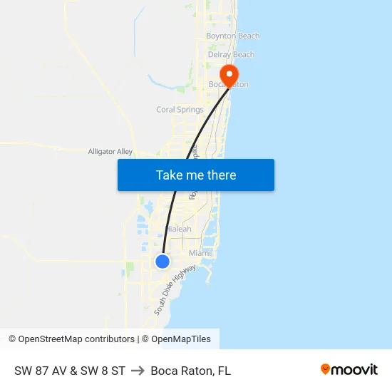 Sw 87 Av & Sw 8 St to Boca Raton, FL map