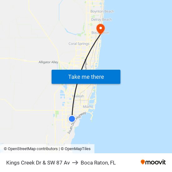 Kings Creek Dr & SW 87 Av to Boca Raton, FL map