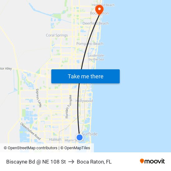 Biscayne Bd @ NE 108 St to Boca Raton, FL map