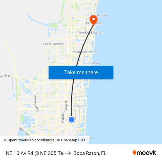 NE 10 Av Rd @ NE 205 Te to Boca Raton, FL map