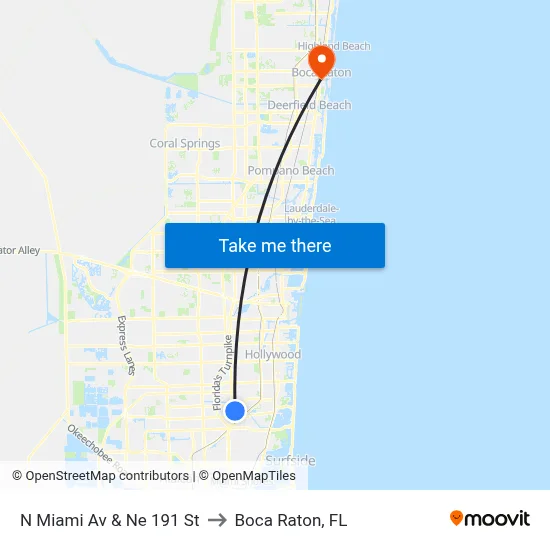 N Miami Av & Ne 191 St to Boca Raton, FL map