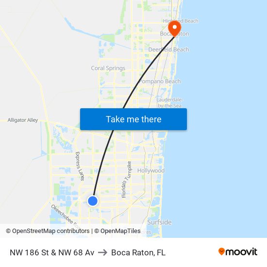 NW 186 St & NW 68 Av to Boca Raton, FL map