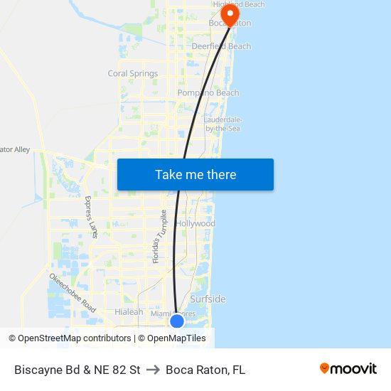 Biscayne Bd & NE 82 St to Boca Raton, FL map