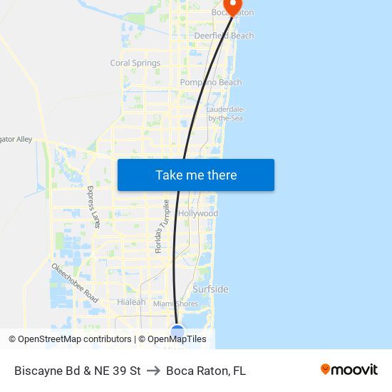 Biscayne Bd & NE 39 St to Boca Raton, FL map