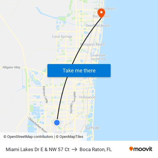 Miami Lakes Dr E & NW 57 Ct to Boca Raton, FL map