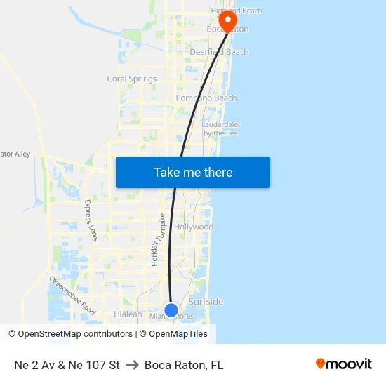 Ne 2 Av & Ne 107 St to Boca Raton, FL map
