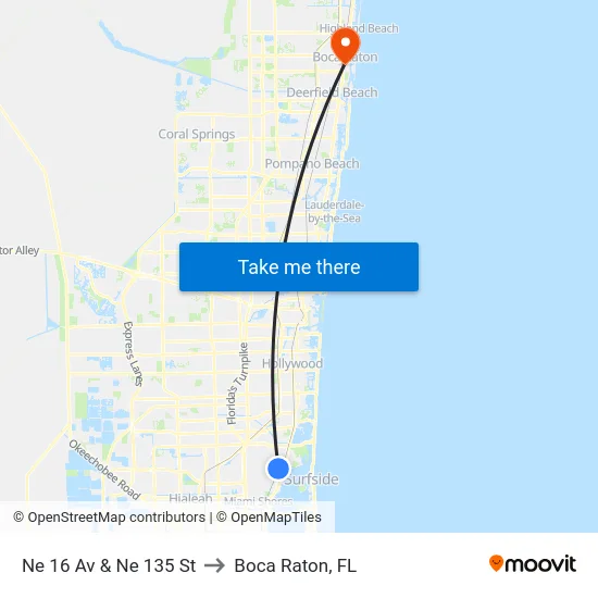 Ne 16 Av & Ne 135 St to Boca Raton, FL map