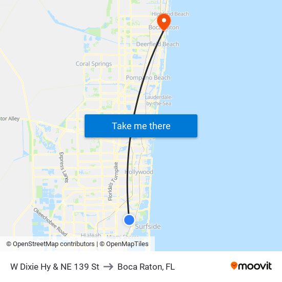 W Dixie Hy & NE 139 St to Boca Raton, FL map