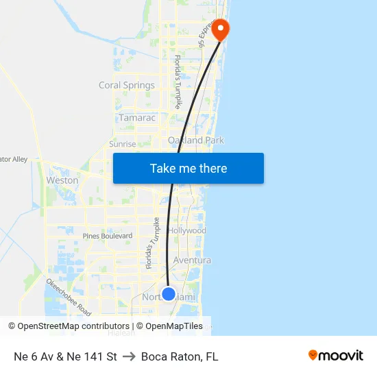 Ne 6 Av & Ne 141 St to Boca Raton, FL map