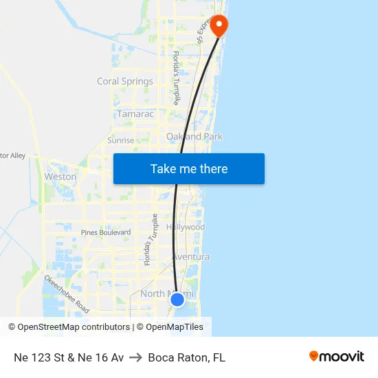 Ne 123 St & Ne 16 Av to Boca Raton, FL map