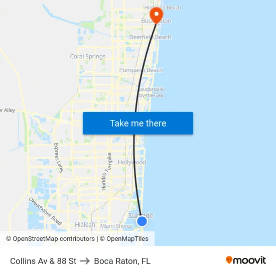 Collins Av & 88 St to Boca Raton, FL map