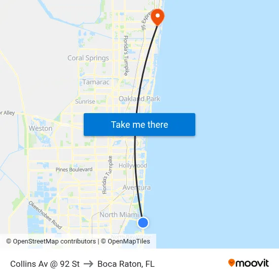 Collins Av @ 92 St to Boca Raton, FL map