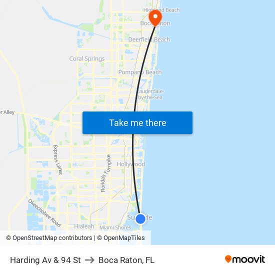 Harding Av & 94 St to Boca Raton, FL map