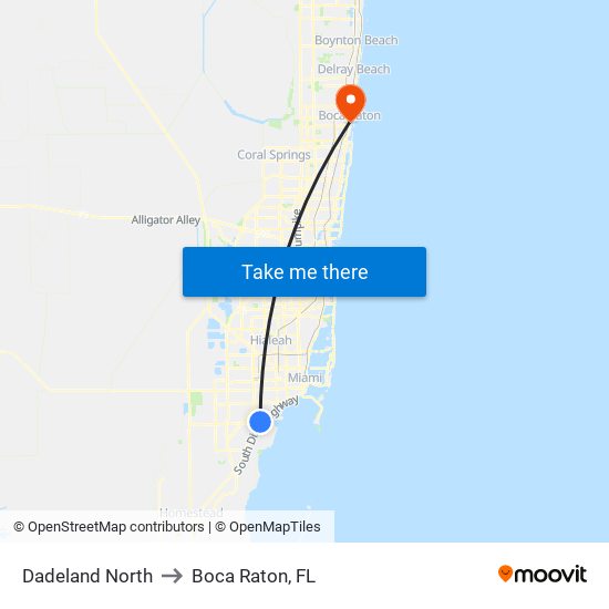 Dadeland North to Boca Raton, FL map