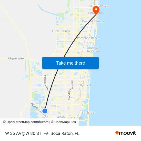 W 36 Av@w 80 St to Boca Raton, FL map