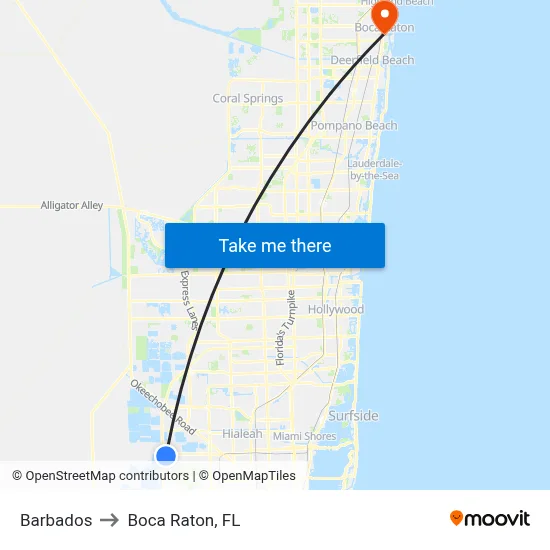 Barbados to Boca Raton, FL map