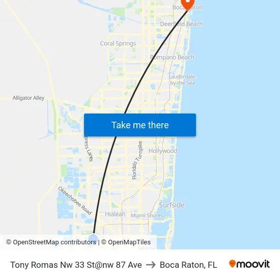 Tony Romas Nw 33 St@nw 87 Ave to Boca Raton, FL map
