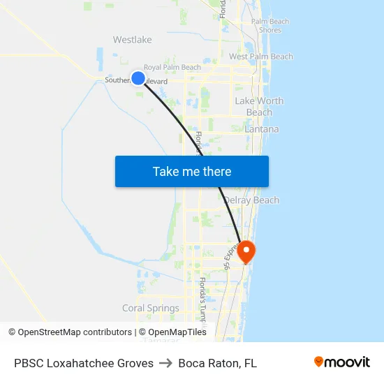 PBSC Loxahatchee Groves to Boca Raton, FL map