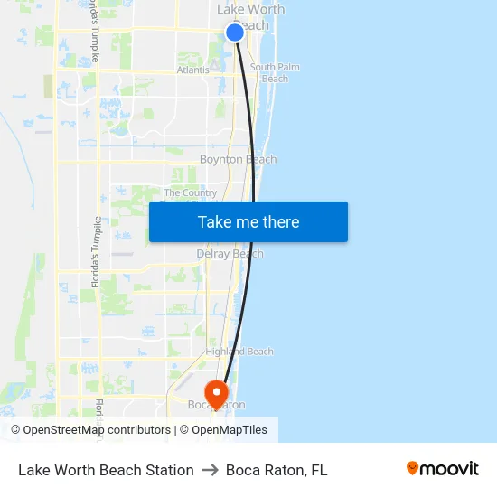 Lake Worth Beach Station to Boca Raton, FL map