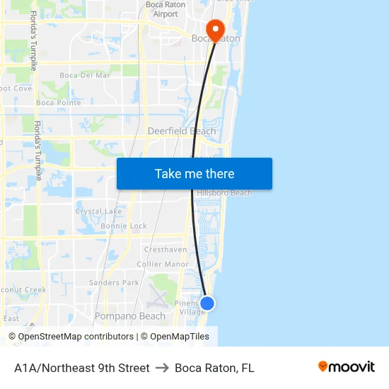 A1A/Northeast 9th Street to Boca Raton, FL map