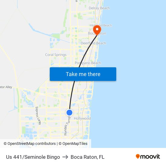 Us 441/Seminole Bingo to Boca Raton, FL map