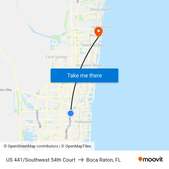US 441/Southwest 54th Court to Boca Raton, FL map