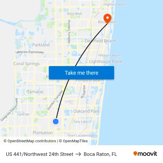 US 441/Northwest 24th Street to Boca Raton, FL map