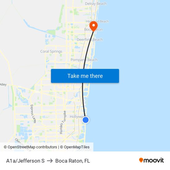 A1a/Jefferson S to Boca Raton, FL map
