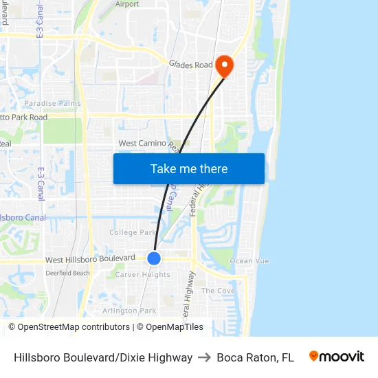 Hillsboro Boulevard/Dixie Highway to Boca Raton, FL map