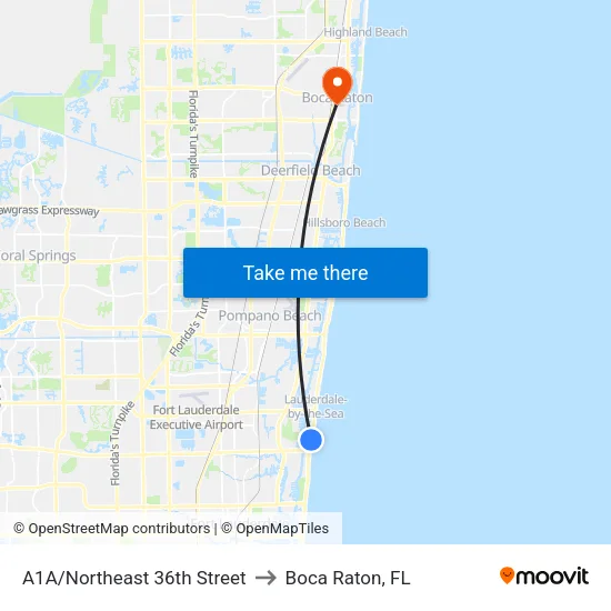 A1A/Northeast 36th Street to Boca Raton, FL map