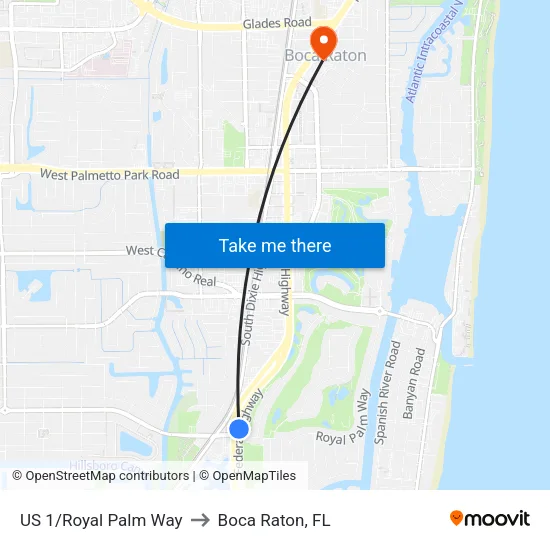 US 1/Royal Palm Way to Boca Raton, FL map