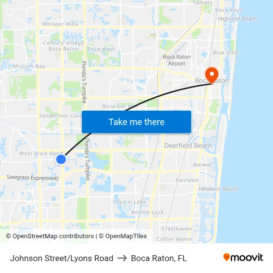 Johnson Street/Lyons Road to Boca Raton, FL map