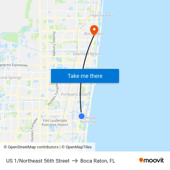 US 1/Northeast 56th Street to Boca Raton, FL map