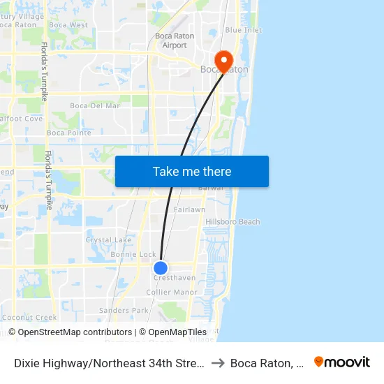 Dixie Highway/Northeast 34th Street to Boca Raton, FL map