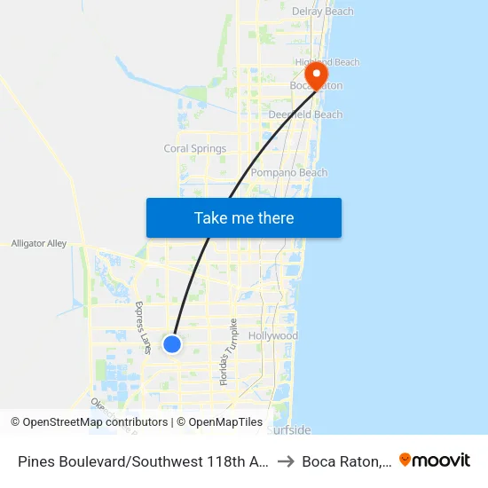 Pines Boulevard/Southwest 118th Avenue to Boca Raton, FL map