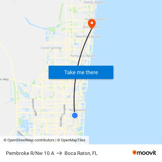 Pembroke R/Nw 10 A to Boca Raton, FL map