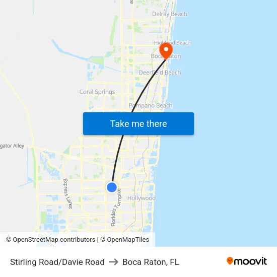 Stirling Road/Davie Road to Boca Raton, FL map