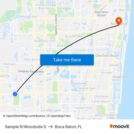 Sample R/Woodside D to Boca Raton, FL map