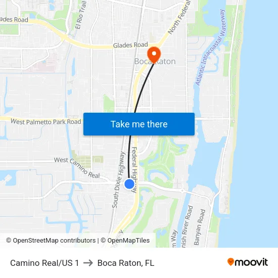 Camino Real/US 1 to Boca Raton, FL map