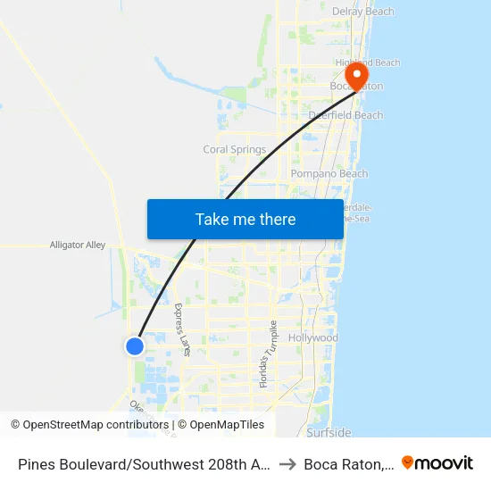Pines Boulevard/Southwest 208th Avenue to Boca Raton, FL map