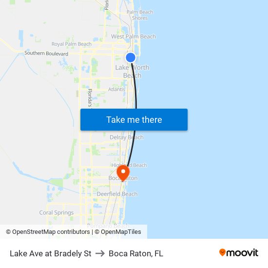 Lake Ave at Bradely St to Boca Raton, FL map