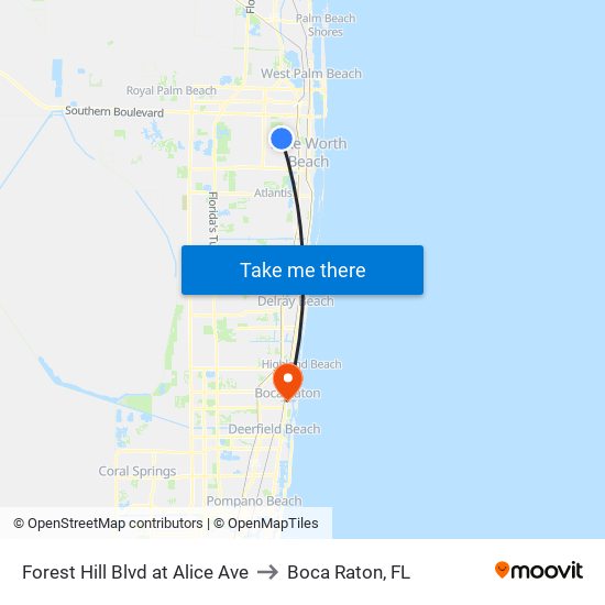 Forest Hill Blvd at Alice Ave to Boca Raton, FL map