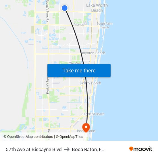57th Ave at Biscayne Blvd to Boca Raton, FL map
