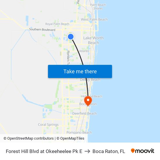 Forest Hill Blvd at Okeeheelee Pk E to Boca Raton, FL map