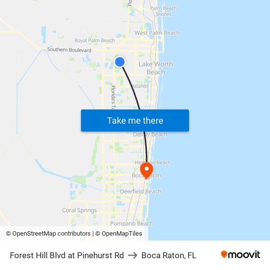 Forest Hill Blvd at Pinehurst Rd to Boca Raton, FL map