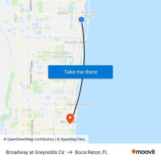 Broadway at Greynolds Cir to Boca Raton, FL map